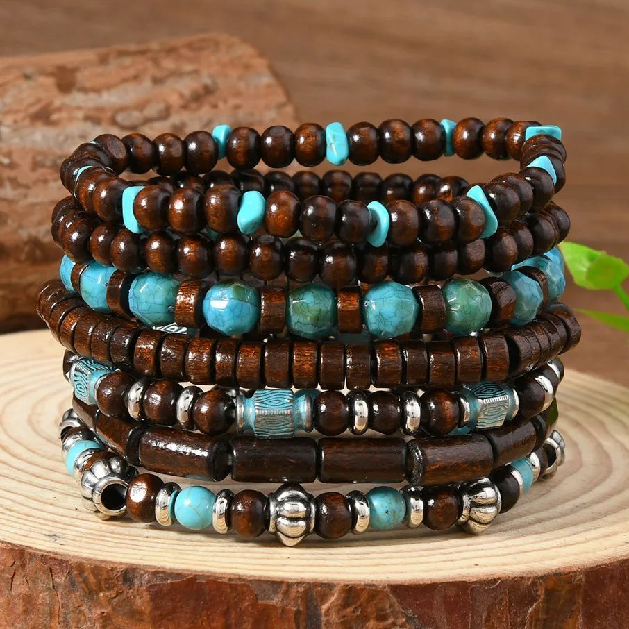 DIEZI 7pcs/set Bohemian Wood Beads Turquoise Strand Bracelets Men Women Handmade Elastic Rope Bracel