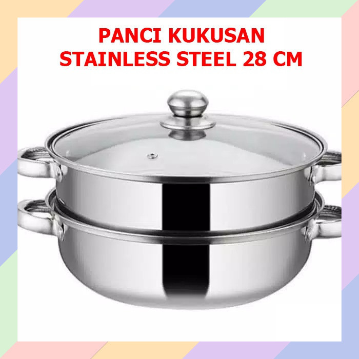 TS73 Panci Kukus 28 CM Kukusan Double Stainless Steel Steamer Dandang Kaca Sayur Daging Ayam Steam T