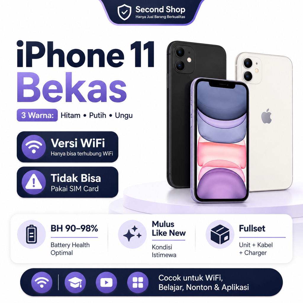 iPhone 11 Bekas WiFi Only Original | Fullset 64/128/256GB | Kondisi Mulus Seperti Baru | Battery Hea