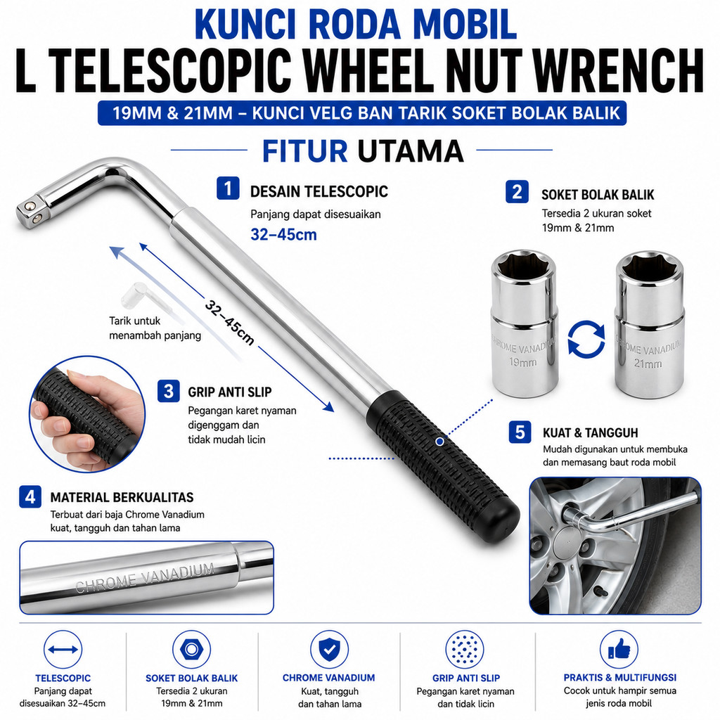 NEW Kunci Roda Mobil L Bolak Velg 19mm Soket Wheel Nut BR459 21mm Telescopic Tarik Wrench Ban