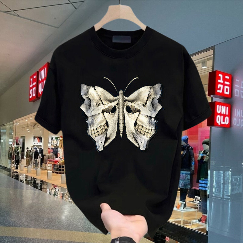 Kaos Metal Motif Kupu-Kupu Tengkorak, Kaos Pendek Unisex 100% Cotton 24s Dengan Potongan Oversize, K