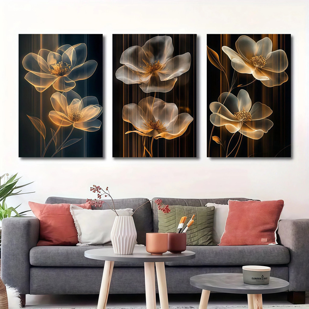 Set 3 Lukisan Bunga Tulip Luxury Gold - Wall Decor Abstrak Mewah untuk Interior Rumah