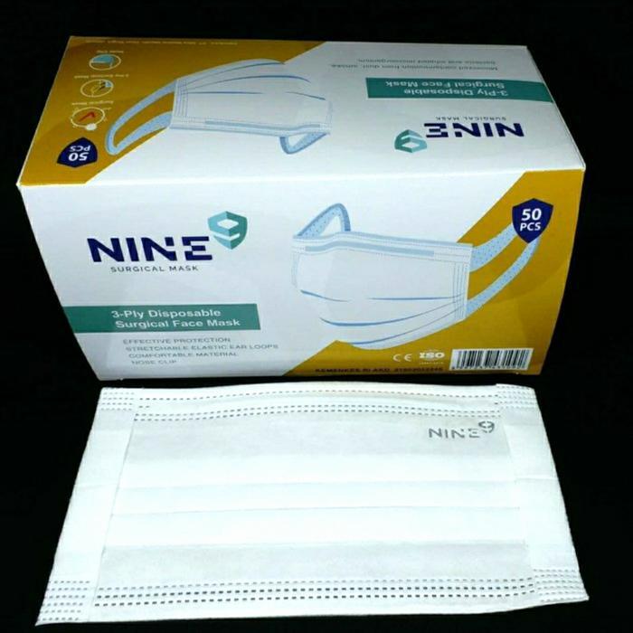 TerlarisNINE Masker Surgical Face Mask 3 Ply model Tali Lebar isi 50pcs - NINE Putihtbk