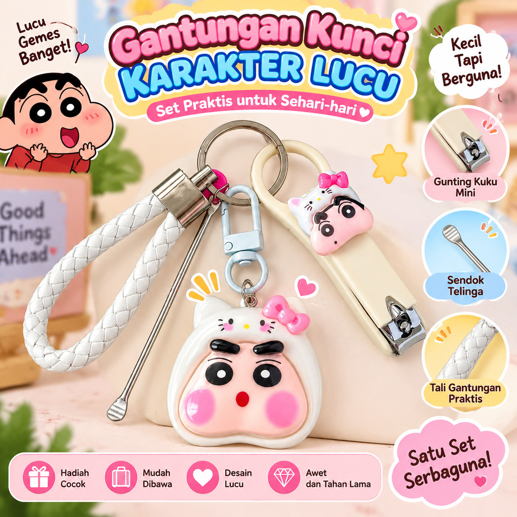 Gantungan Kunci Shinchan Set Gunting Kuku Mini Korek Kuping Portable Aksesoris Tas Keychain Alat Per