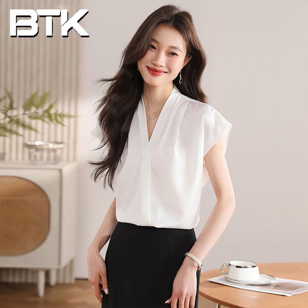 BUTIK Blus Satin Wanita Kemeja Lengan Pendek Kerah V Pullover Tipis Musim Panas Gaya Prancis