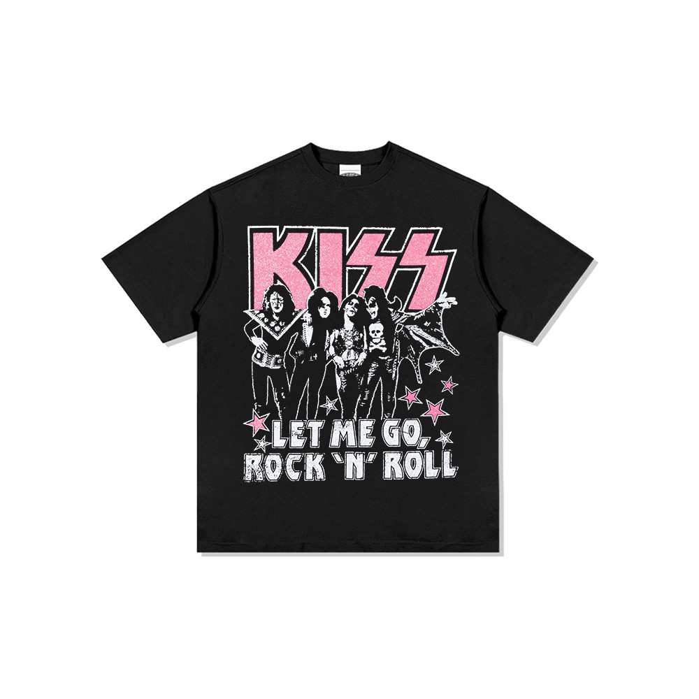 Kaos KISS Band Rock Ikonik Potongan Regular Pink Label Uniseks