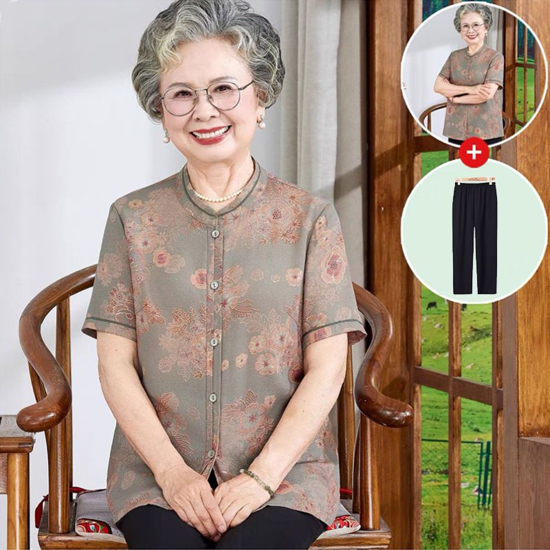 Nenek pakaian musim panas baju lengan pendek 60 tahun 70 tahun 80 tahun wanita tua ibu musim panas b