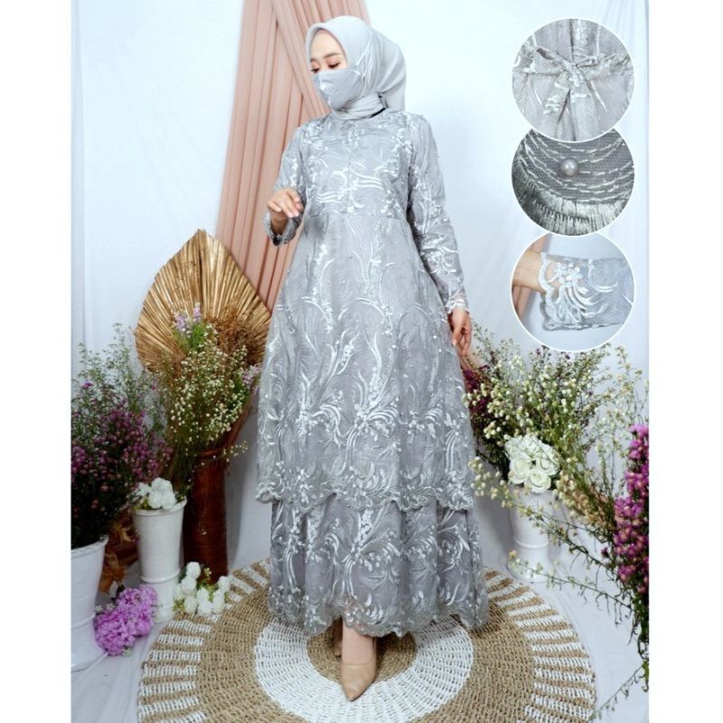 [Padu Dress] Gamis Brukat Premium Abu Muda – Baju Couple Ibu Anak Remaja Dewasa untuk Pesta & Kondan