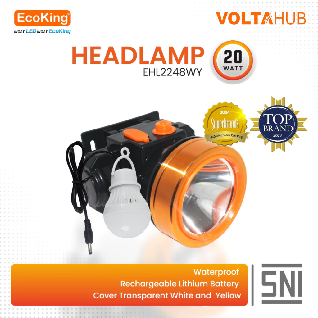 Senter Kepala EcoKing Headlamp 20W Cas Anti Air Transparan Ganda EHL2248WY