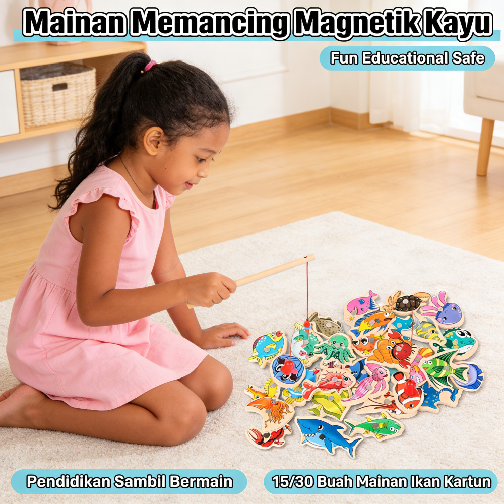 Pendidikan Kayu Anak Mainan 15/30 Buah Magnetik Ikan Cartoon