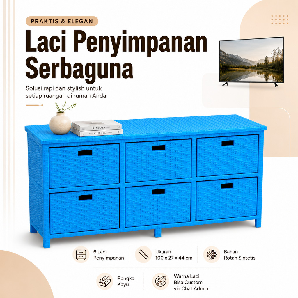 Meja Buffet TV Minimalis Rotan Sintetis 6 Laci Model Menyamping