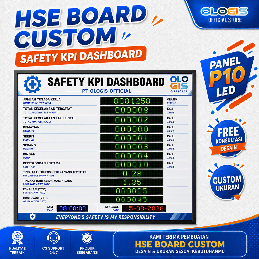 OLOGIS - Display LED P10 HSE Board Digital Papan Performance Informasi Kecelakaan Kerja K3 2M x 1M