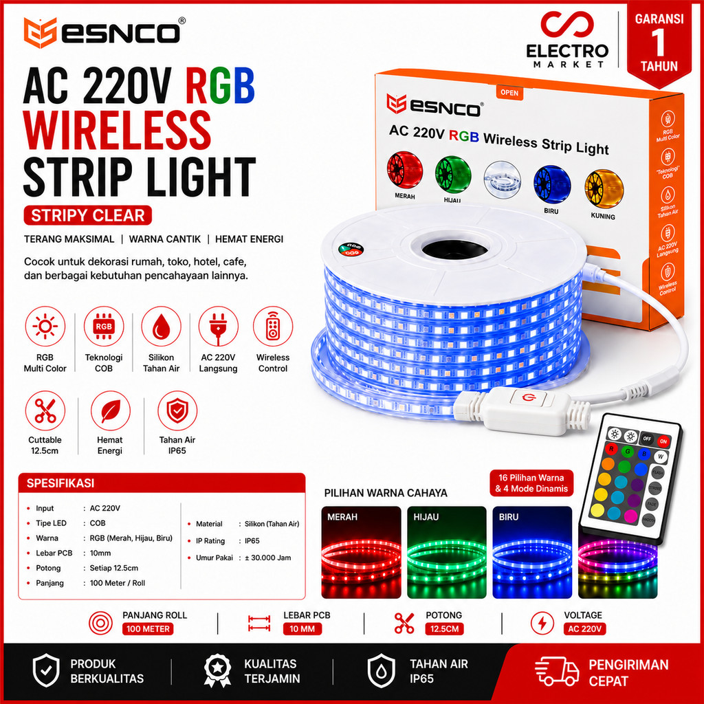 ESNCO Lampu LED Strip Selang RGB 5050 60LED 10MM 100Meter