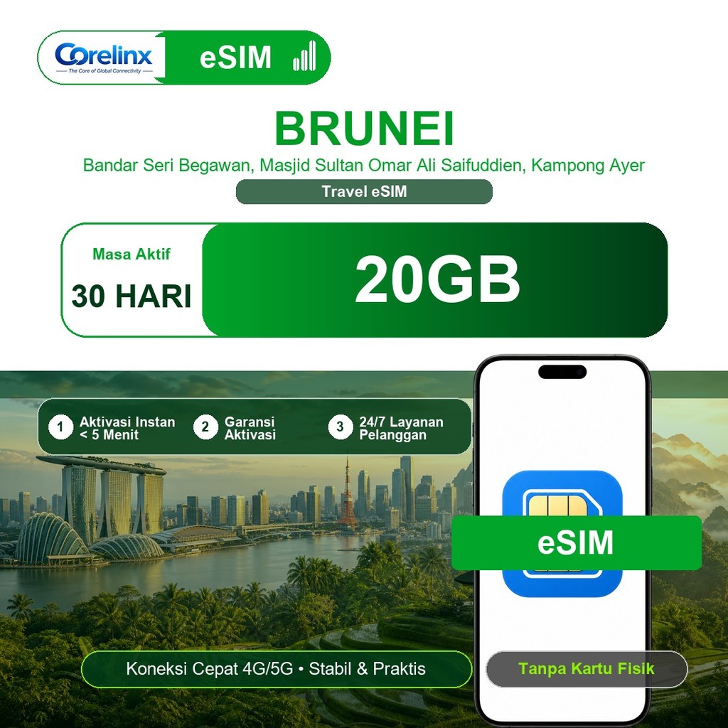 eSIM Brunei 20GB 30 Hari Travel eSIM Data Internet Roaming 4G/5G QR Instan Langsung Aktif Corelinx