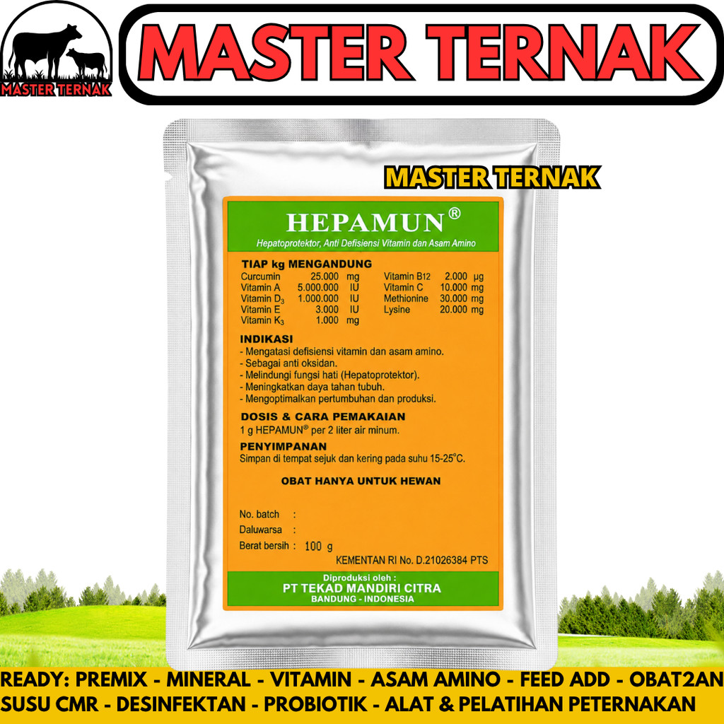 HEPAMUN 100 GRAM Hepatoprotektor Vitamin Asam Amino Curcuma Perbaiki Fungsi Hati Ternak Ayam Sapi