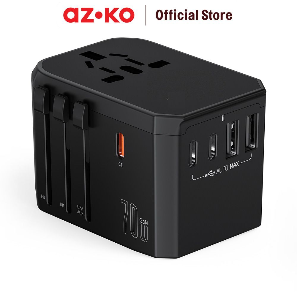 AZKO Krisbow Travel Adaptor 2 USB-A & 3 USB-C 70 Watt GaN QC - Hitam Universal Plug Pengisi Daya Gad
