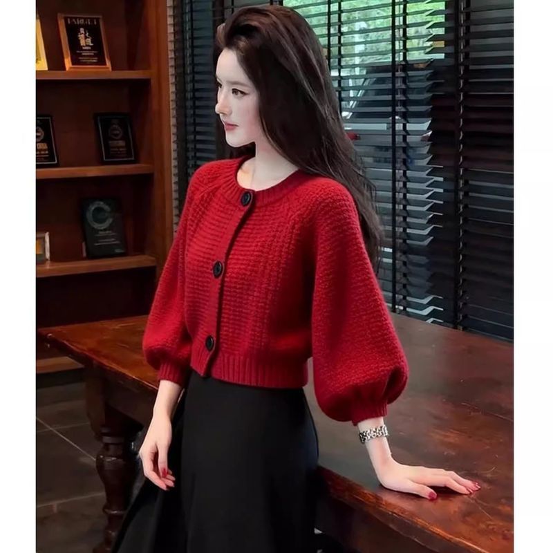 Kardigan Rajut Lengan Lentera Wanita, Model Pendek Longgar, Gaya Santai, Atasan Sweater Luaran