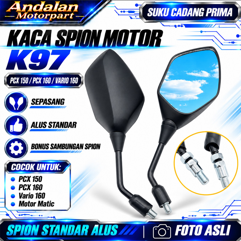 Kaca Spion Motor K97 PCX 150 PCX 160 Vario 160 Sepasang Alus Standar Bonus Sambungan Spion Aksesoris
