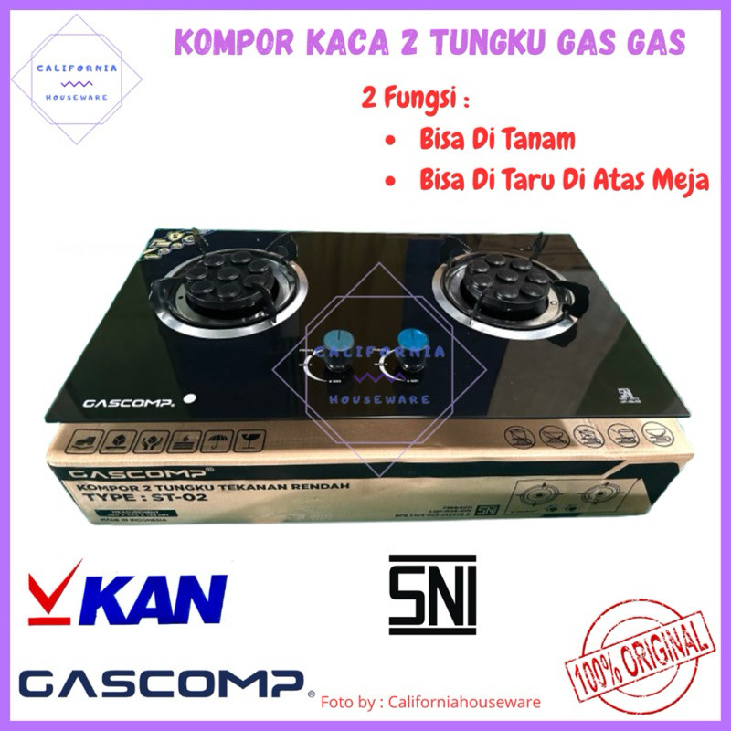Kompor Kaca GASCOMP 2 Tungku Gas / Kompor Tanam 2 Tungku Gas Gas / Kompor Tanam Kaca GASCOMP