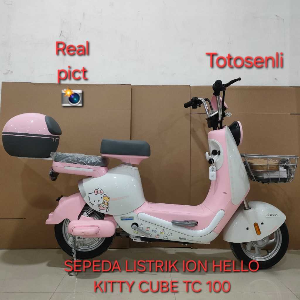 SEPEDA LISTRIK ION HELLO KITTY CUBE TC 100 SEPEDA LISTRIK KERANJANG DAN BOX BELAKANG