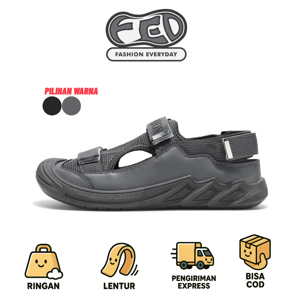 FED Sandal Pria Okayama Black Sendal Anti Licin Berventilasi Untuk Santai outdoor Hiking Pantai