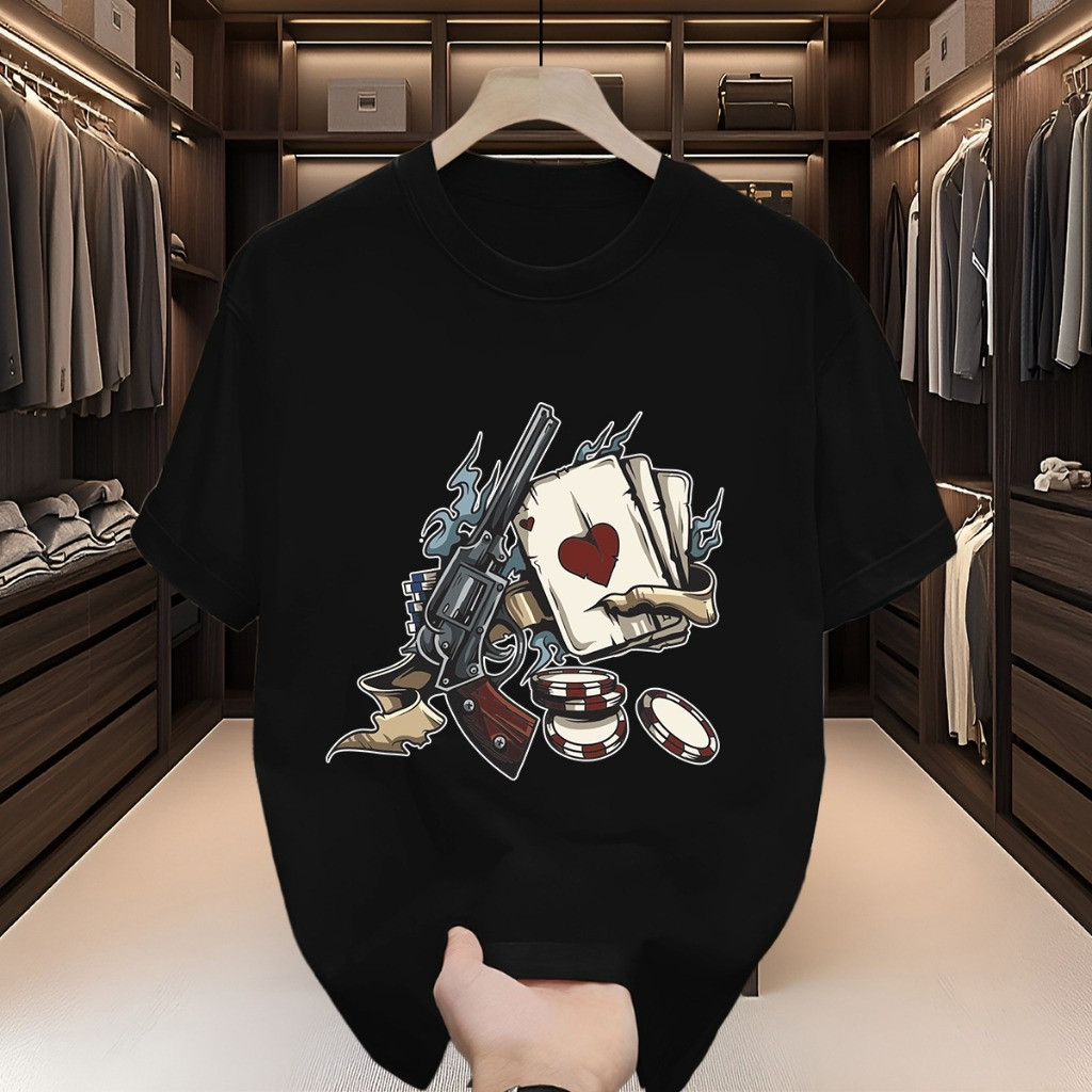 [COD 24S Katun 100%]Desain Dengan Pistol Kartu Remi Dan Chip Poker T-shirt Trendy Dicetak Pria Musim