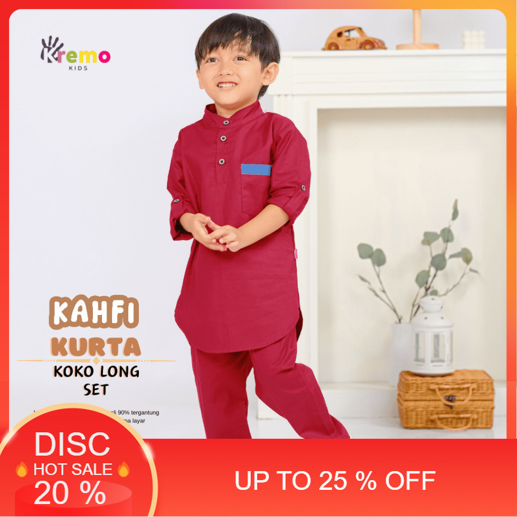 Kremo Kids - Baju Koko Kurta Panjang Anak Laki Laki Kahfi Series 1 - 12 Tahun (Maroon)