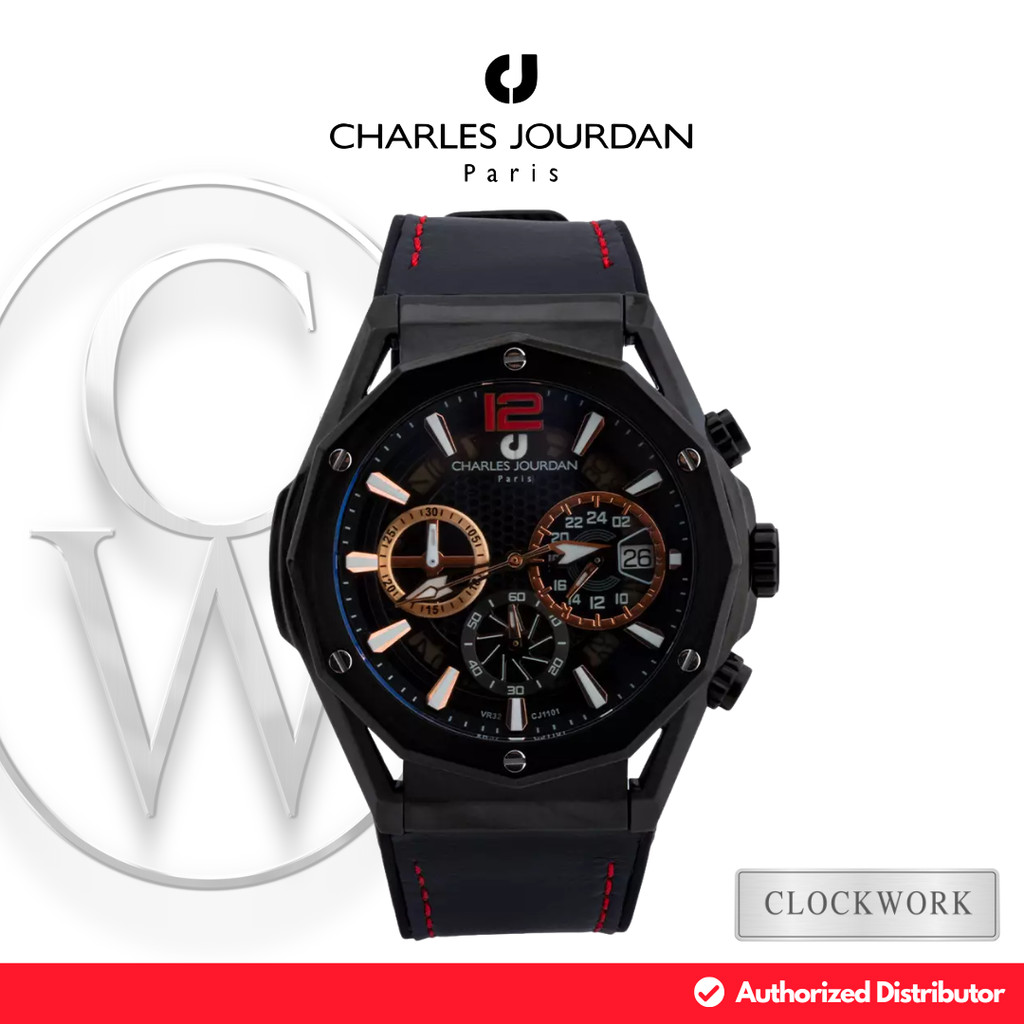 Jam Tangan Pria Charles Jourdan Chronograph CJ1101-1735C Karet Sporty Casual Hitam