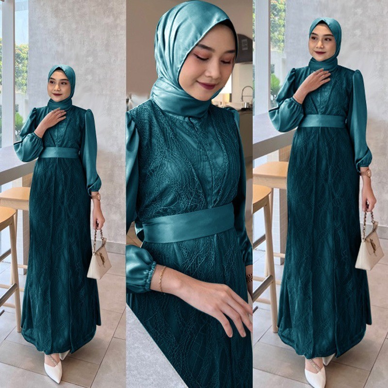 [𝐏𝐚𝐝𝐮 𝐃𝐫𝐞𝐬𝐬] Busui Dress Kekinian Maxi Brukat Warna Hijau Botol Emeral – Gamis Pesta Elegan Nyaman u