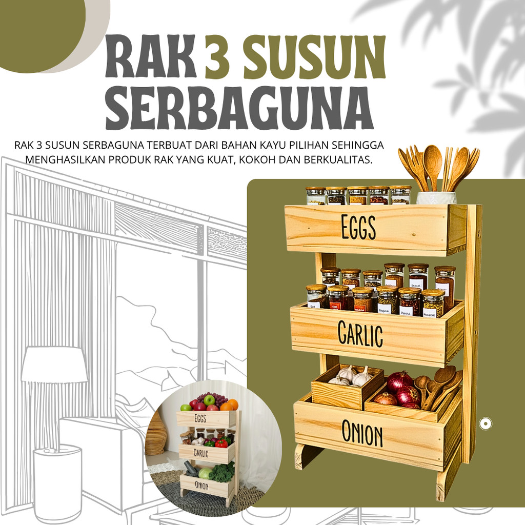 Rak bawang kayu 3 susun / Rak dapur / Rak kosmetik/ Rak perkakas/ Rak bawang