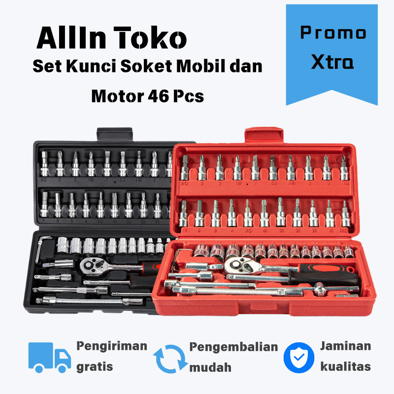 46pcs Set Kotak Alat Perbaikan Mobil, Kunci Ratchet + Socket + Set Perbaikan Mobil, Set Alat Perkaka