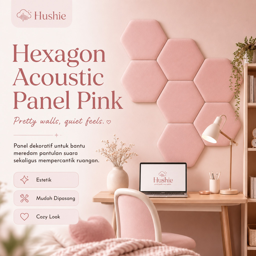 HUSHIE Hexagon Acoustic Panel Pink Panel Akustik Dinding Peredam Suara Ruangan