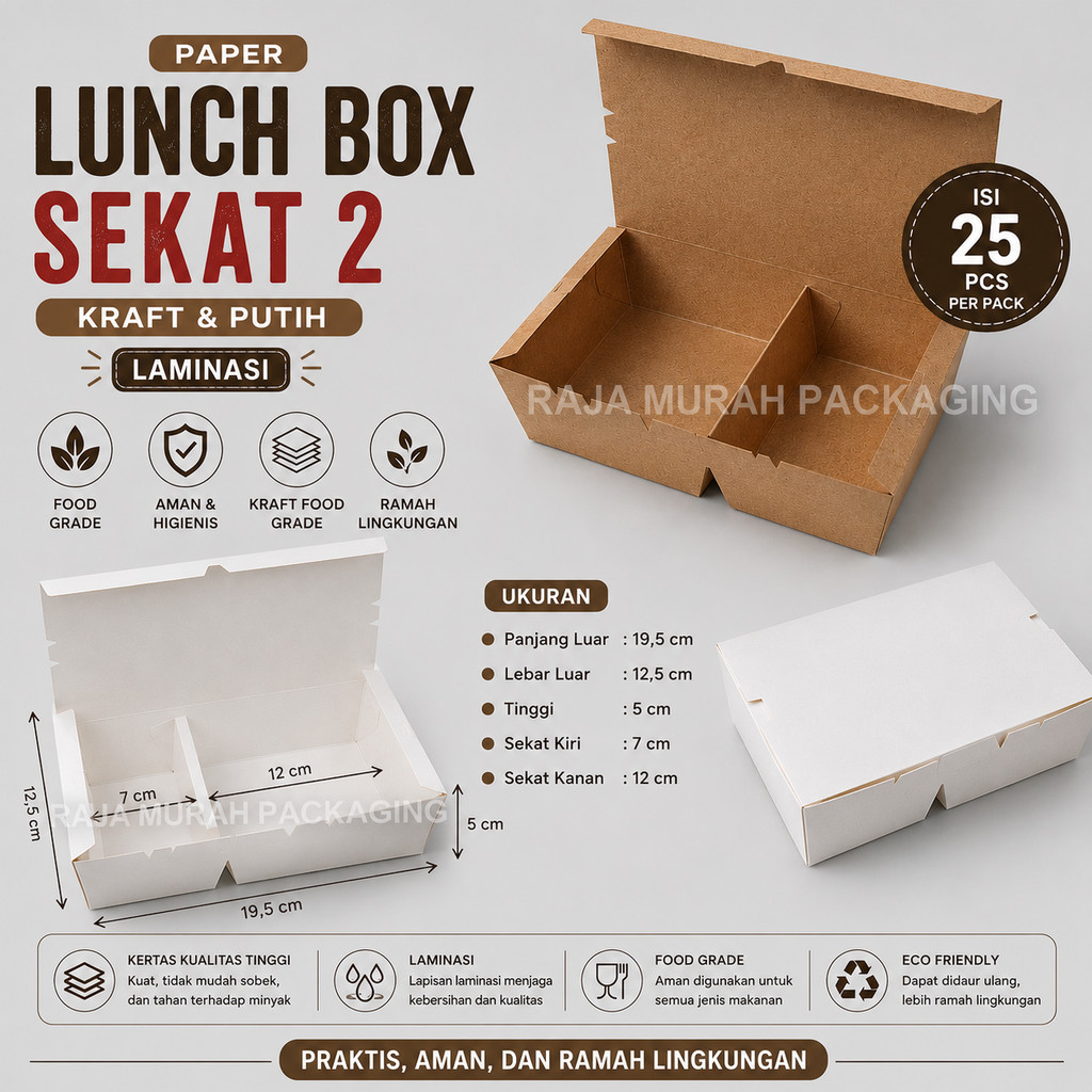 [ISI 25] Paper Lunch Box 2 Sekat - Kotak Nasi Kraft Coklat Laminasi Uk L Besar