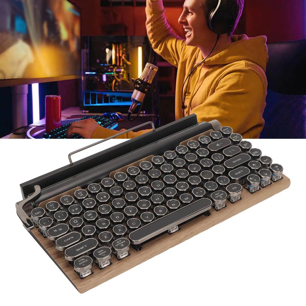 Typewriter Keyboard 83 Keys Vintage Wireless  Mechanical Keyboard with Metal Round  Blue Switch Mech