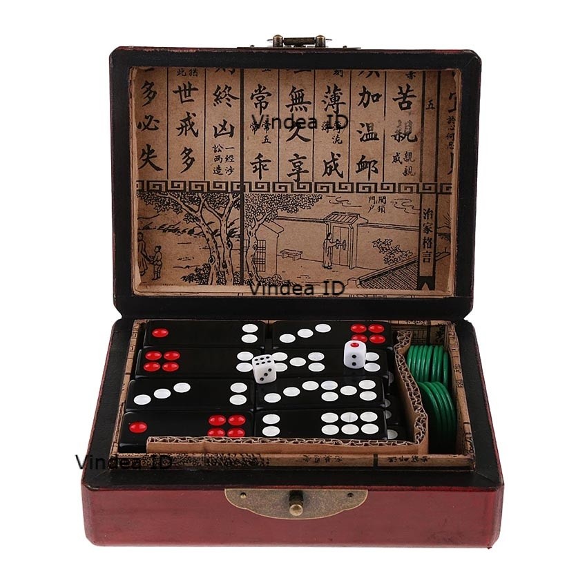 Set Permainan Domino Papan Tradisional Pai Gow 32 Balok Kotak Kayu Dilengkapi Dadu Dan Koin Permaina