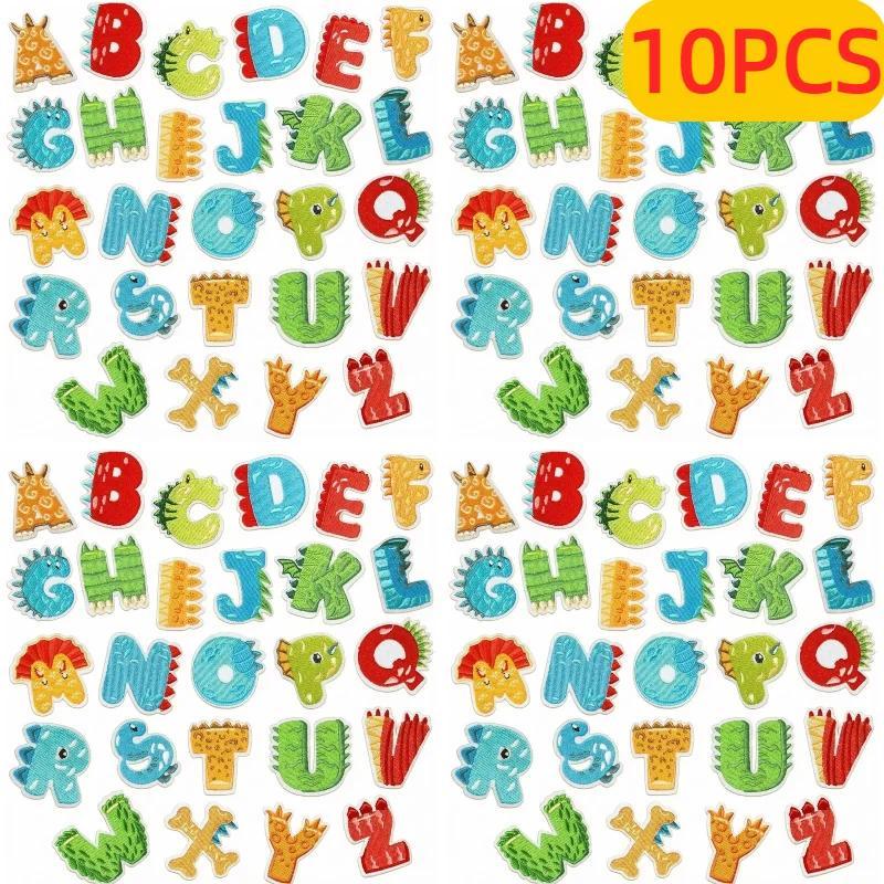 10PCS Grosir Patch Bordir Huruf Inggris Berwarna-warni Motif Dinosaurus 26 Desain Alfabet Set Dekora