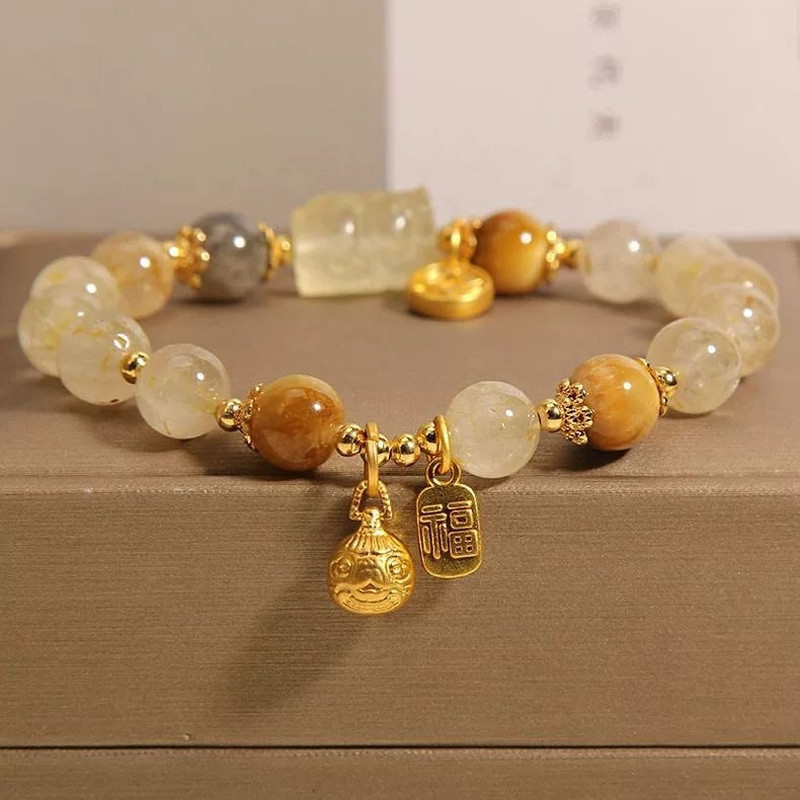 Gelang Wanita dari Kuarsa Rutilated Emas dan Kristal Kuning Pixiu