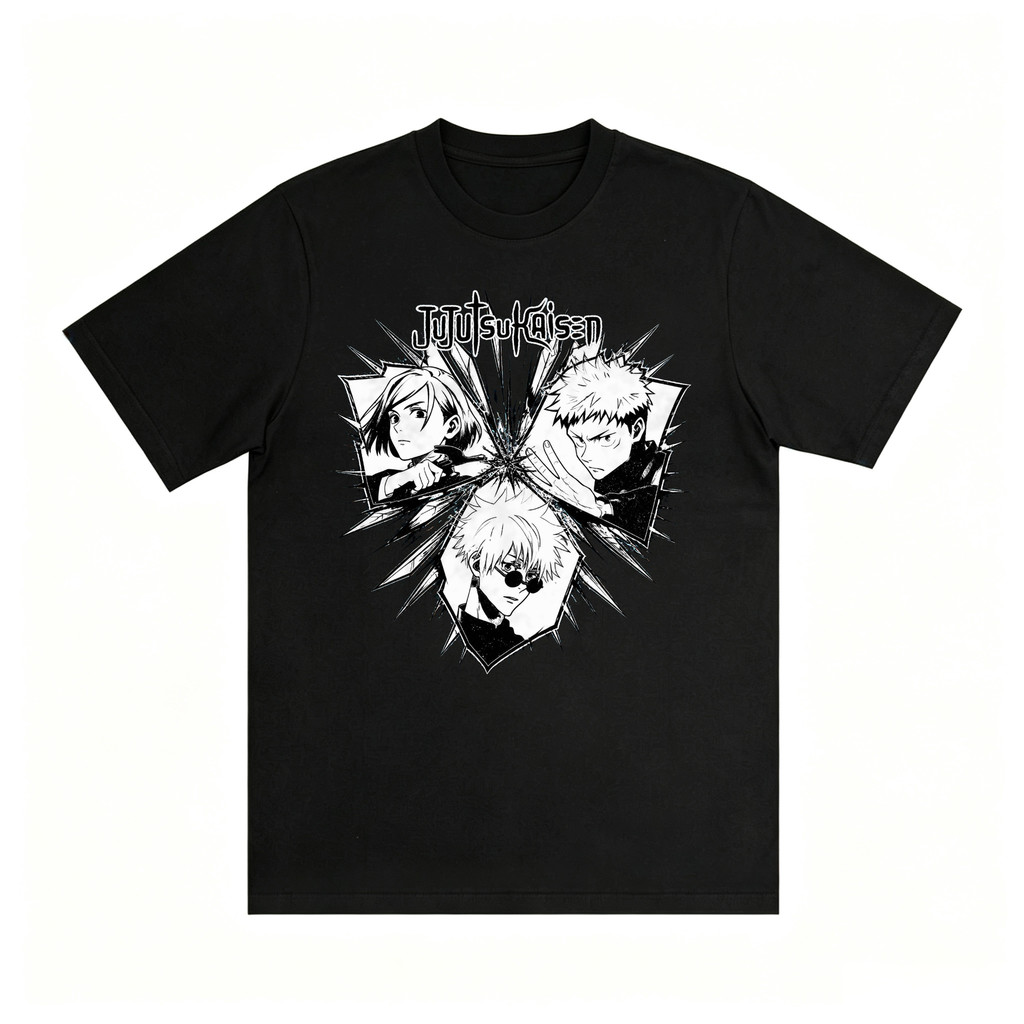 Kaos Oversize Anime Jujutsu Kaisen Yuji Itadori Satoru Gojo Nobara Kugisaki Trio Karakter Pose Perta
