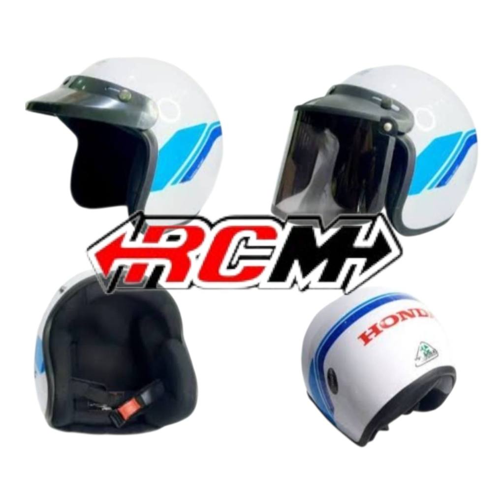 HELM HELMET HELEM KLASIK CLASSIK HONDA GL SERIES VARIASI PUTIH DENGAN AKSEN BIRU  ORI ORIGINAL HONDA