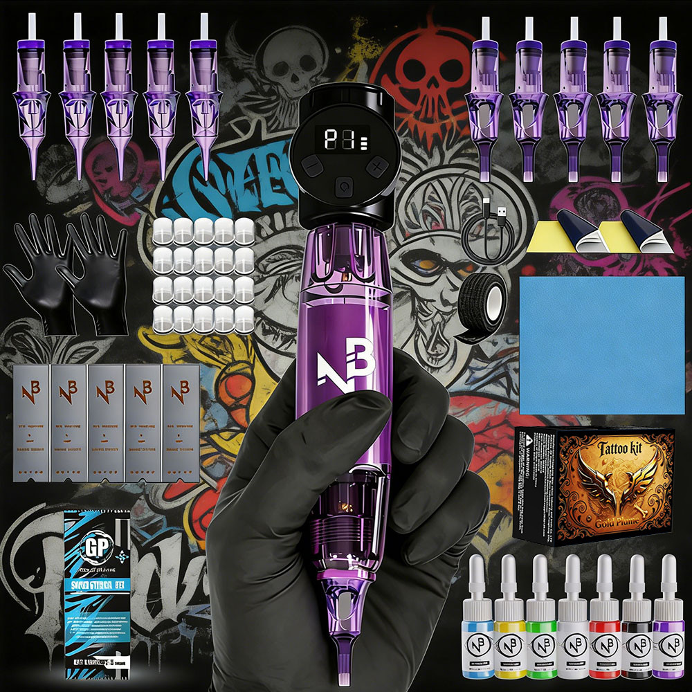 Kit Pemula Pena Tato Rotary Nirkabel Ungu dengan 7 Warna Tinta Tato, 10 Buah Jarum Cartridge, Akseso