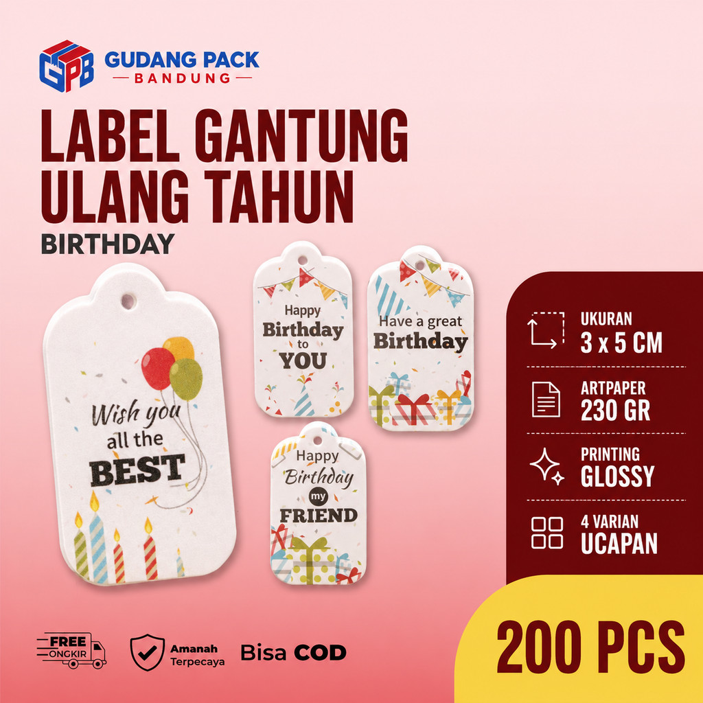 [200 PCS] Label Gantung Ulang Tahun | Hang tag Happy Birthday | Birthday Souvenir HangTag Pesta | Ha