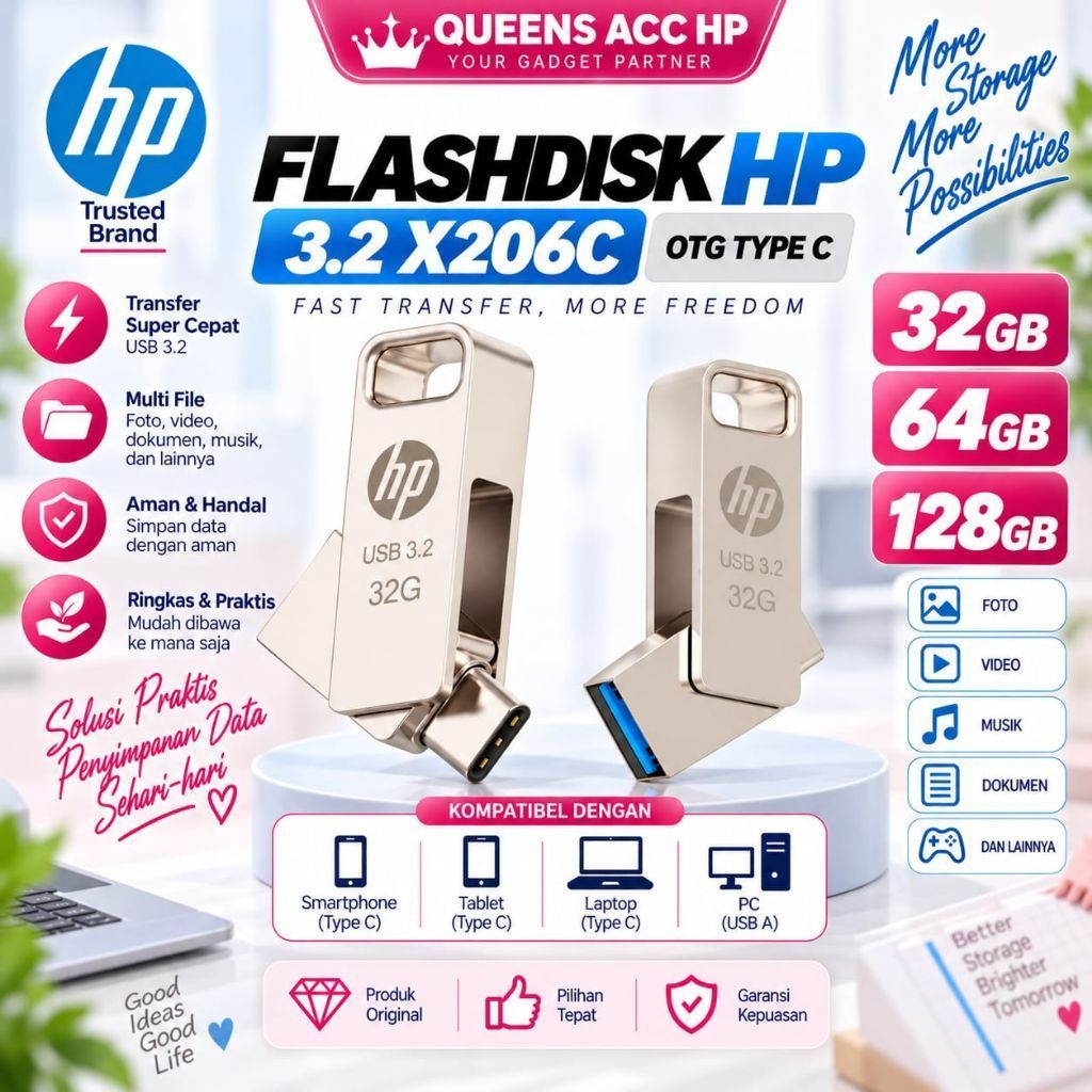 FLASHDISK HP 32GB 64 GB 128GB  X206C OTG TYPE C / USB 3.2 DUAL CONNECTOR OTG