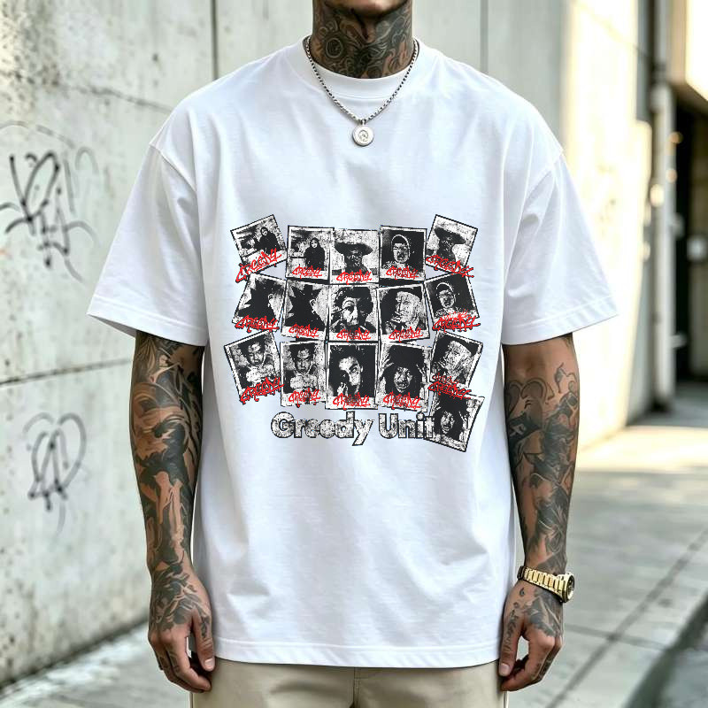 Kaos Pria Greedy Unit Kolase Wajah Ikonik Gaya Grunge Vintage, T-Shirt Oversize Unisex Dengan Sablon