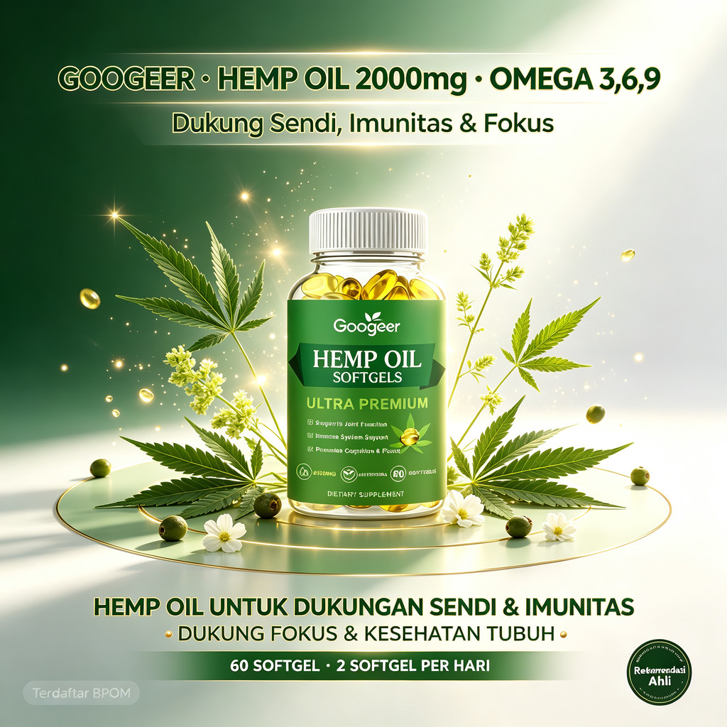 Googeer Hemp Oil 2000mg 60 Softgel, Omega 3,6,9, dukung sendi, imunitas & fokus ly90930