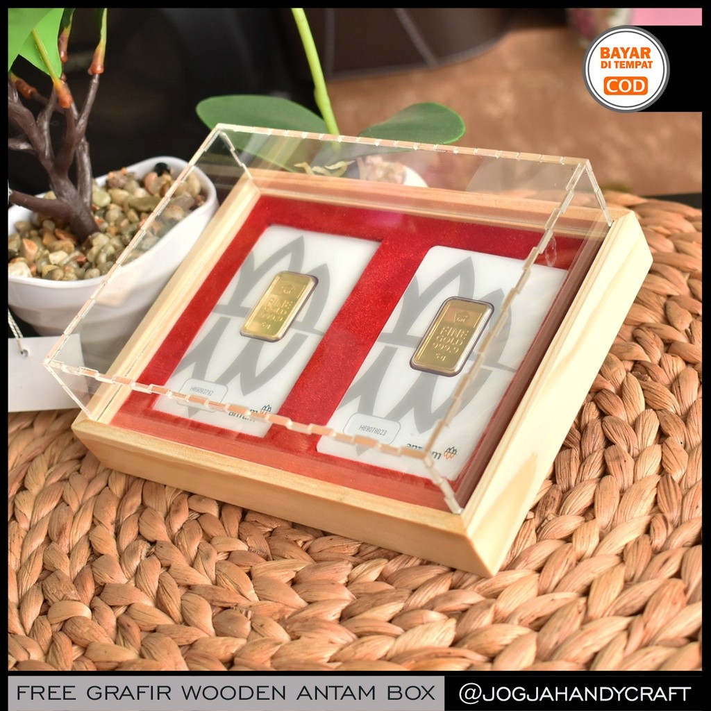 (READY STOK) GRATIS GRAFIR - Kotak Mahar Seserahan Tempat Emas Antam Kayu Akrilik 2 Slot (TERLARIS)