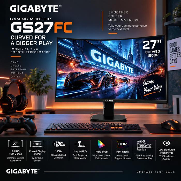 Monitor Gigabyte GS27FC Monitor PC Gaming Lengkung Curved 27 Inch VA FHD 1080p 180Hz 1ms FreeSync HD