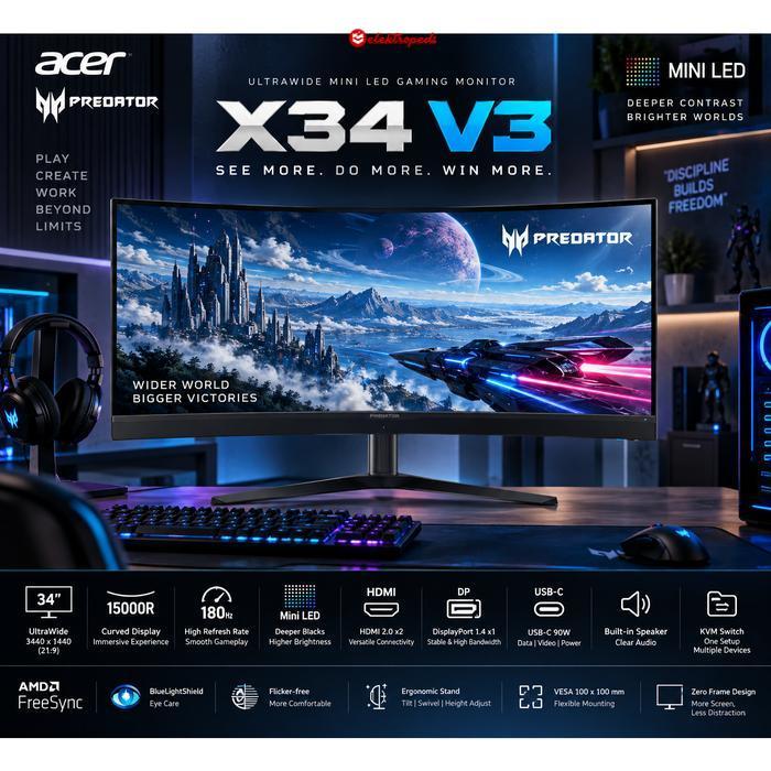Acer X34 V3 Monitor Gaming Ultrawide Mini LED PC 34 Inch WQHD 180Hz Curved Lengkung USB-C Type C 90W