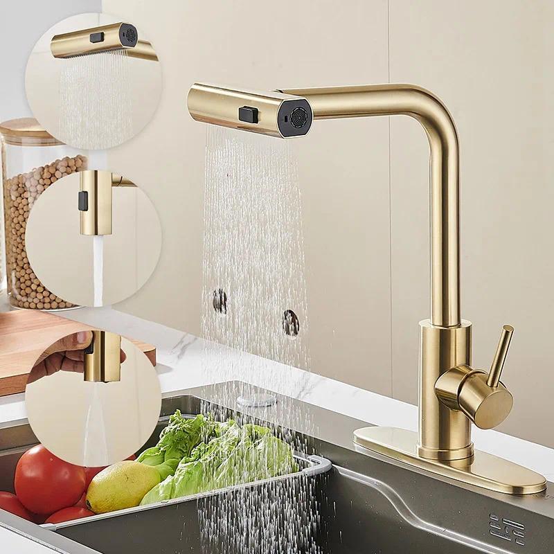 Kitchen Faucets  Brushed Gold Pull Out Kitchen Faucet Mixer Tap  Grey/Niickel Water Mixer Tap Mixer 