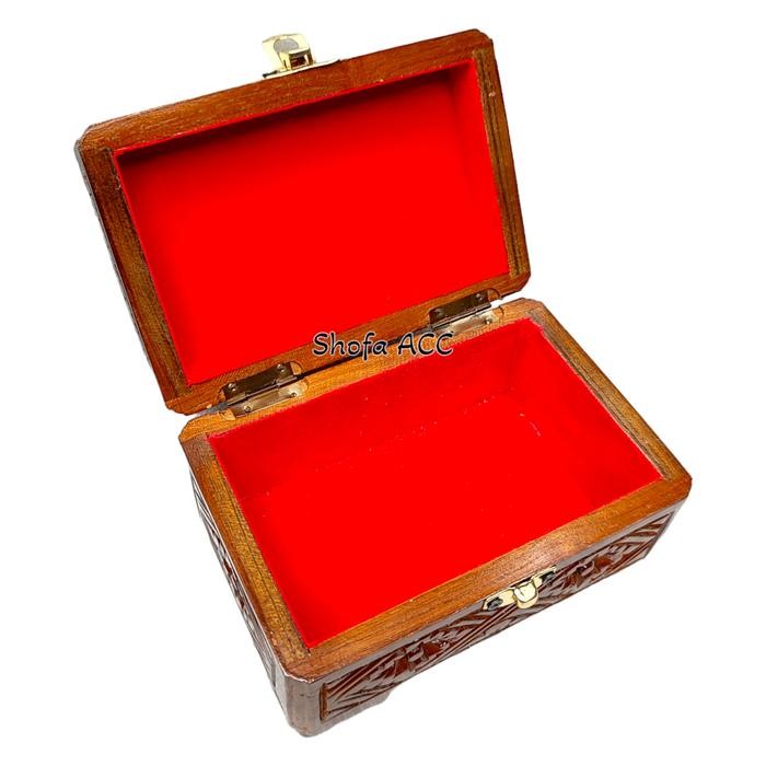 Kotak Tempat Penyimpanan Perhiasan Kayu Jati Ukir Lapis Bludru Merah + Kunci Pengait Uk Kecil