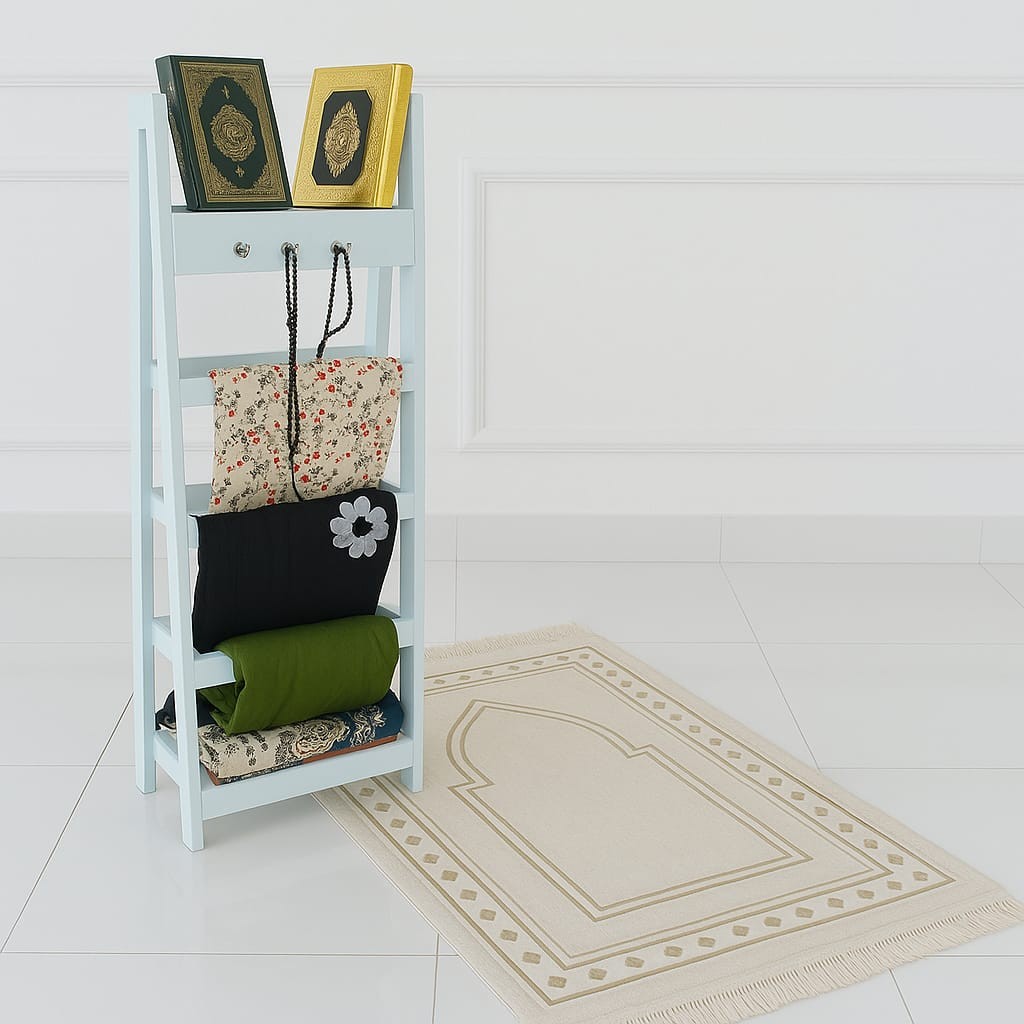 Rak jilbab Dekorasi Musolla Rak mukenah dan sajadah minimalis kayu Rak al quran